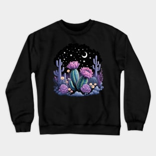 Cactus with Beautiful Flowers Starry Night Moon and Stars Crewneck Sweatshirt